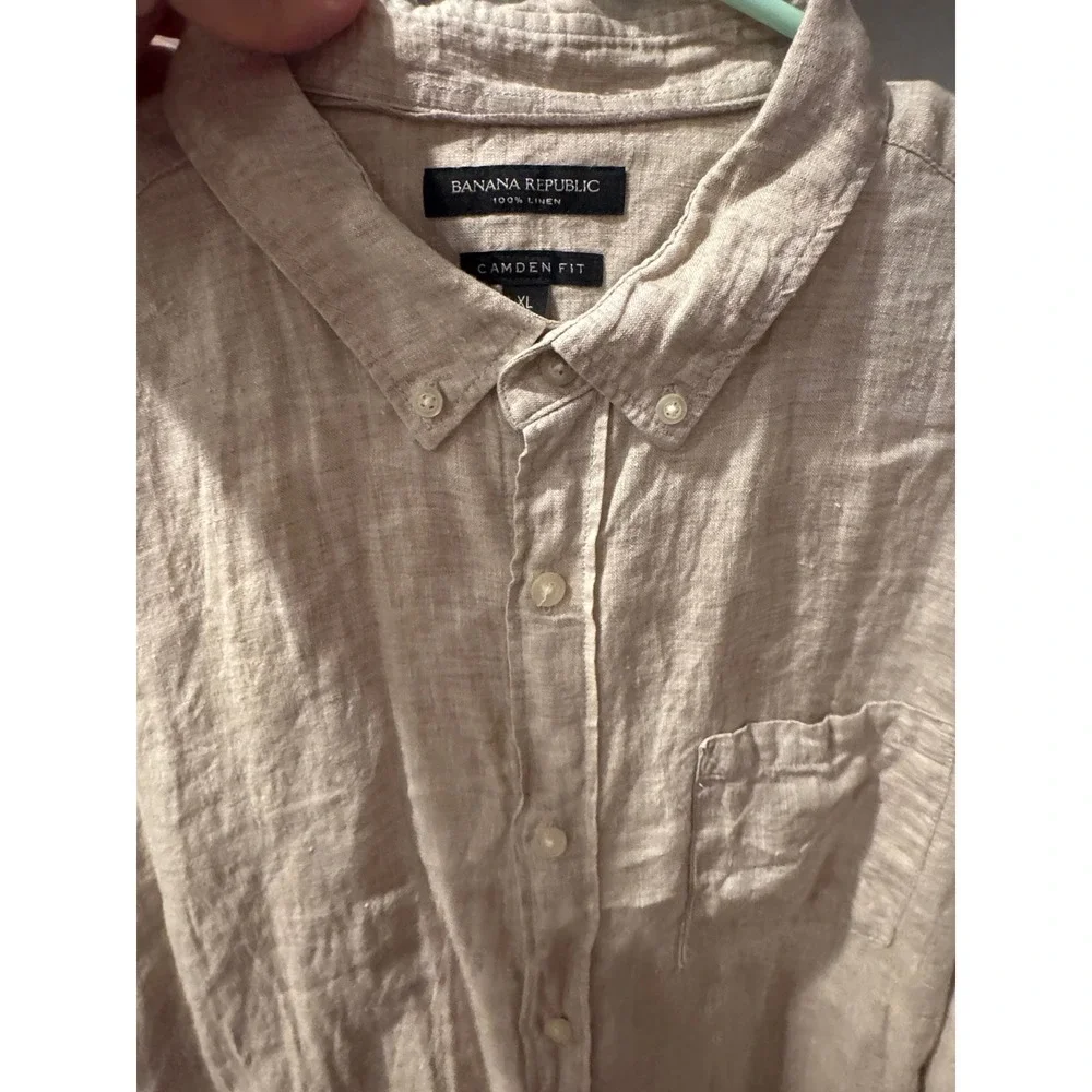 Banana Republic Mens XL Camden Fit 100% Linen Long Sleeve Button Shirt Beige